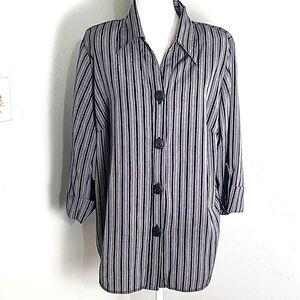 Gloria Lance Vintage Buttondown Blouse,Gray, Black & Metallic Stripe, Size 2X